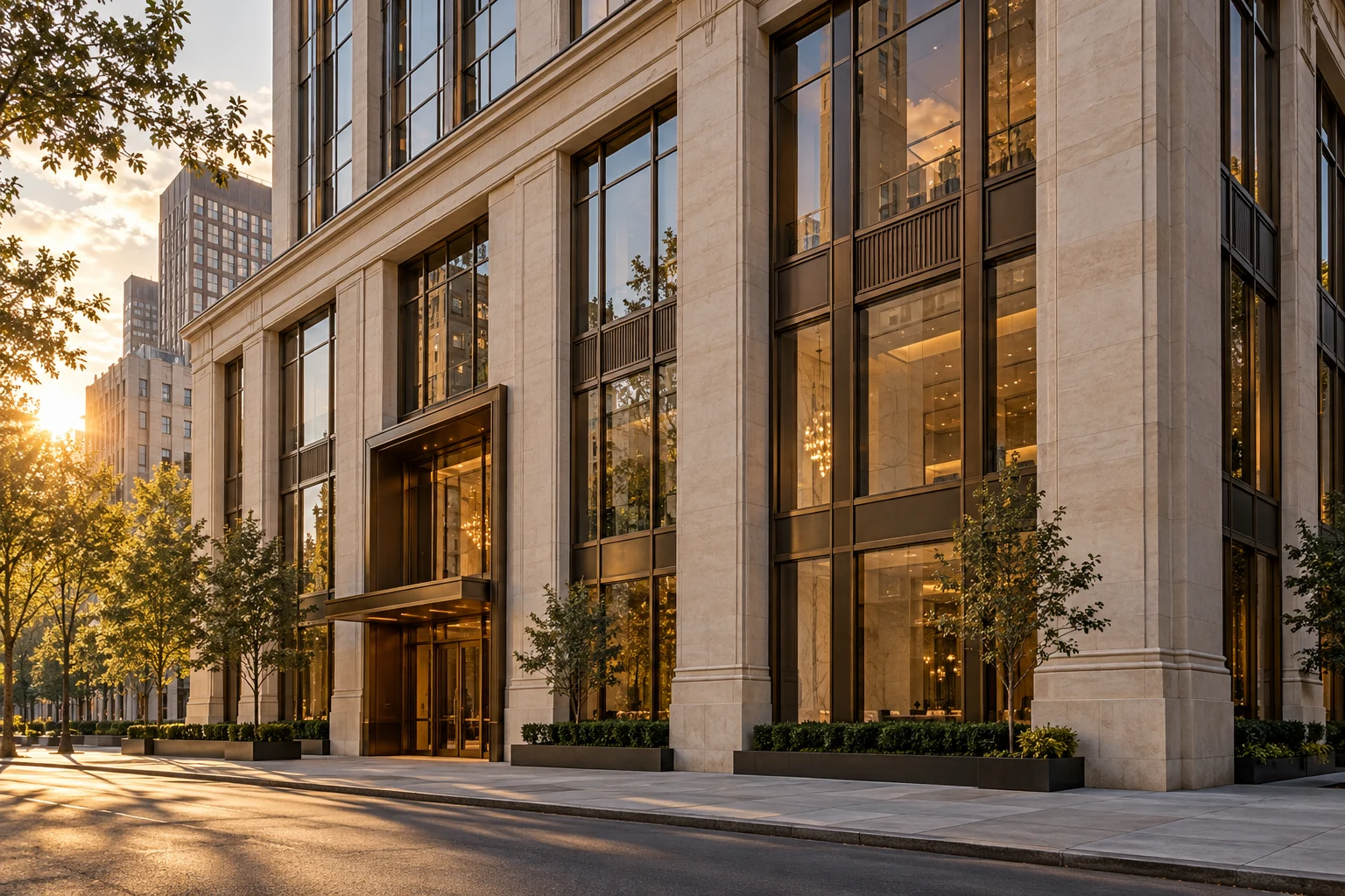Illustrative limestone and glass commercial architecture in warm afternoon light
