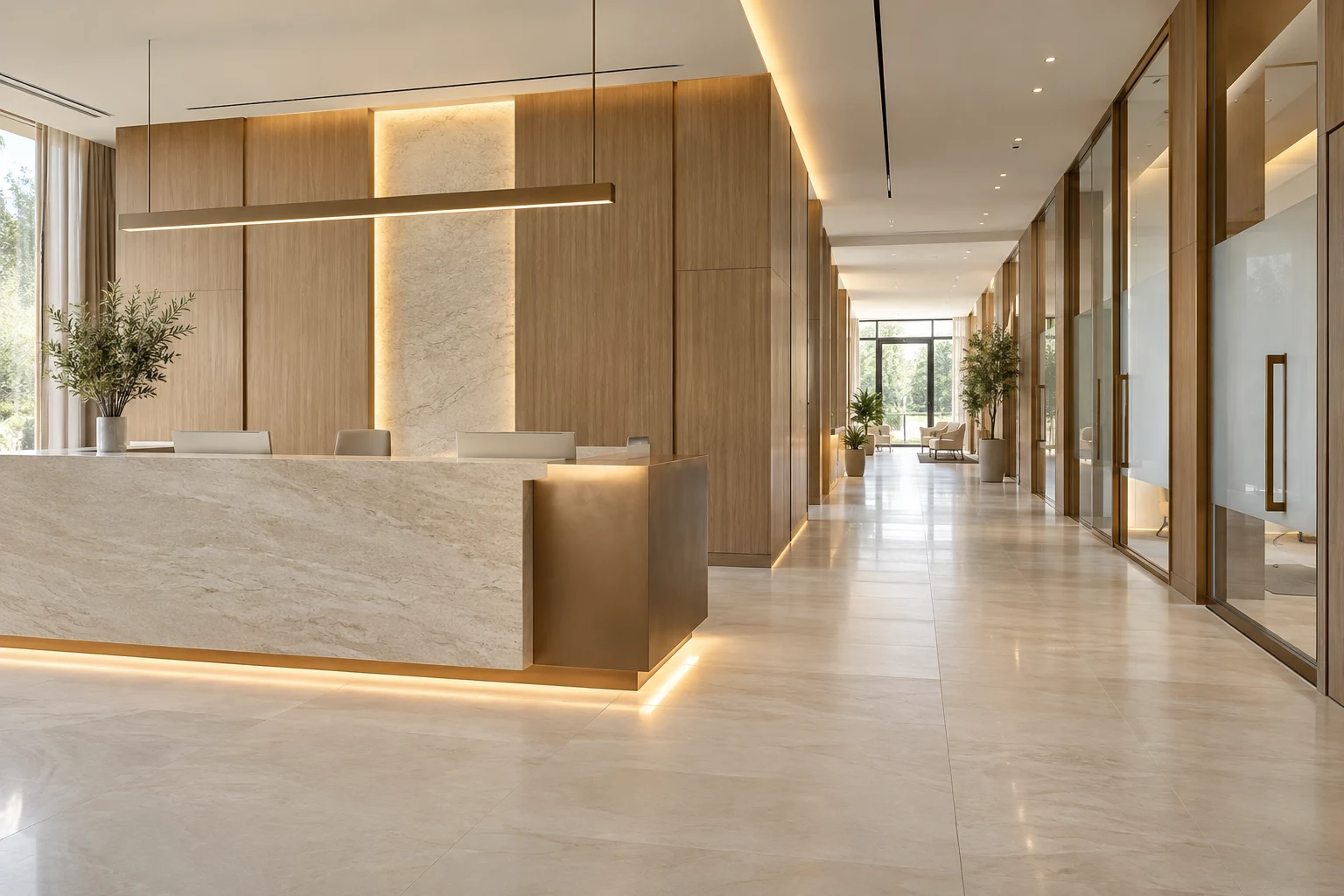 Illustrative healthcare reception with warm wood and a bright corridor
